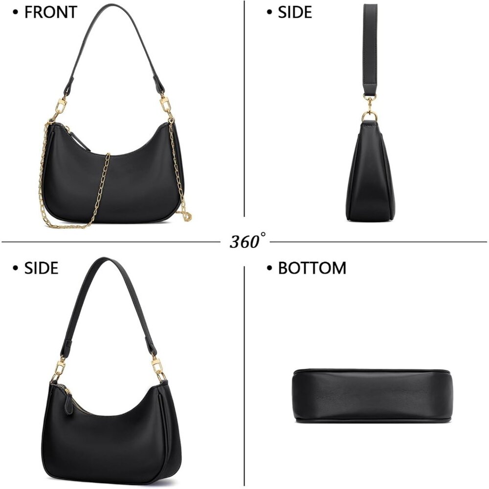 Women's Black Polyurethane Leather Cute Gold Chain Strap Underarm Hobo Purses - Picture 5 of 7